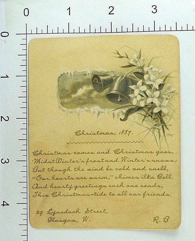 1887 Christmas Card Lovely Poem Bells White Flowers Fabulous! P89