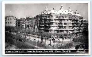 RPPC BARCELONA, SPAIN ~ Paseo de Gracia CASA MILA y CAMPS Gaudi c1930s Postcard