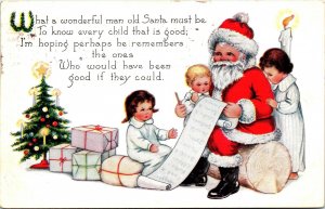 Vintage 1912 Whitney Made Santa Claus with Children & Christmas List Postcard