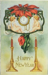 Circa 1910 New Years Cherubs Clock Candles Embossed Vintage Postcard P54