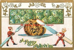 Halloween, Gottschalk No 2040-A-5 Gold Border, Two Elves Cutting Pumpkin Head