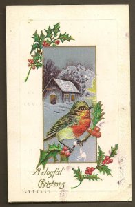 Robin on Holly Branch Snow Covered Cabin Antique Christmas Postcard 1908