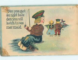 Pre-Linen BOY WITH FISHING POLE NOTICES GIRL WITH ANOTHER BOY HL2273