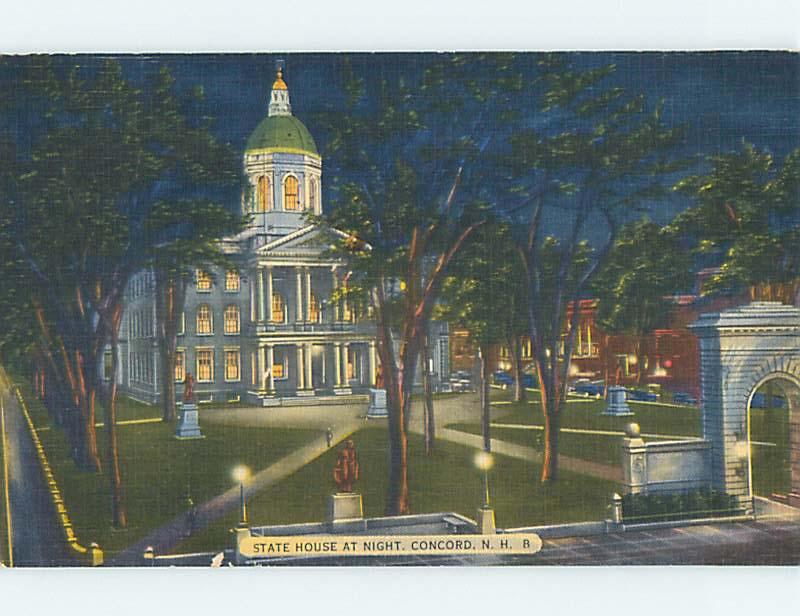 Unused Linen NIGHT VIEW OF STATE HOUSE Concord New Hampshire NH Q9373