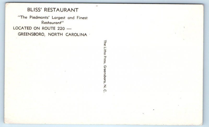 GREENSBORO, NC North Carolina ~ Roadside BLISS' RESTAURANT c1950s Postcard