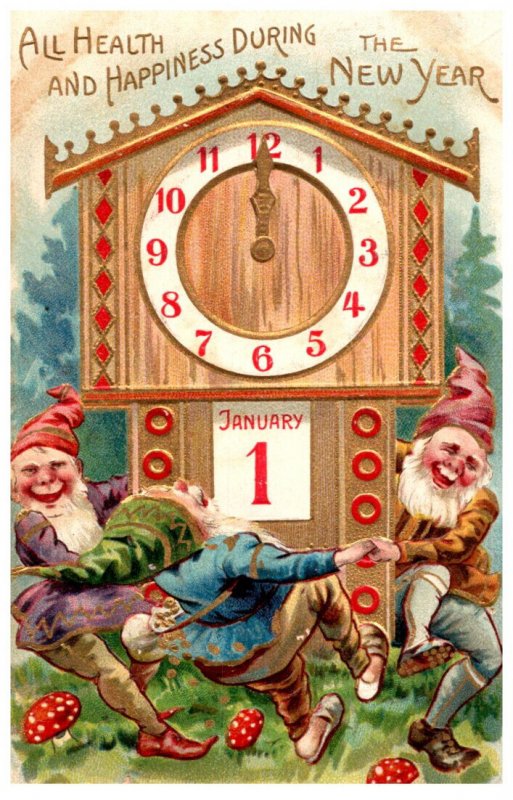 New Year   Gnomes dancing around Clock