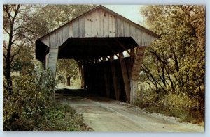 1960 Delaware County Ohio Postcard Covered Bridge Big Walnut Creek Olive Green