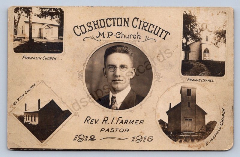 J87/ Coshocton Ohio RPPC Postcard c1910 5View Church Farmer Pastor Circuit 204