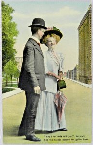 Man Wearing Bowler Hat, Walks With Beautiful Woman in Blue - Vintage Postcard