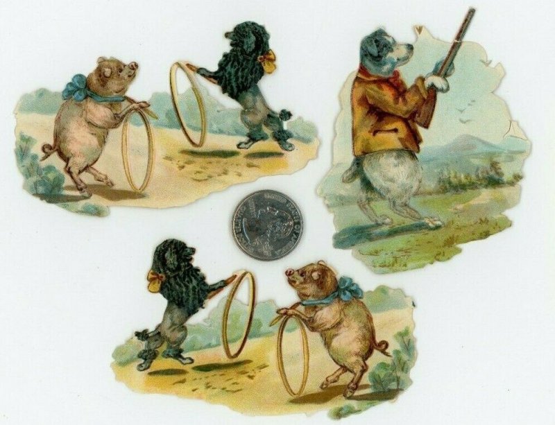 1870's-80's Anthropomorphic Dogs Pigs Dogs Hoops Lot Of 3 Victorian Die Cut X85 