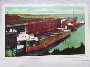 Boat Ship at Giant Ore Docks on Lake Superior Postcard Curteich Postcard