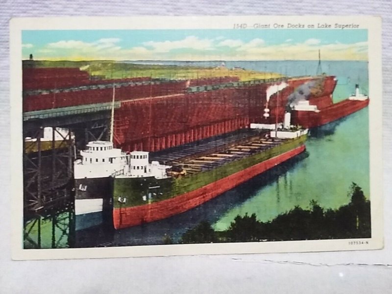 Boat Ship at Giant Ore Docks on Lake Superior Postcard Curteich Postcard