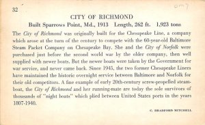 City Of Richmond River Steamship Chesapeake Line Ferry Boat Ship 