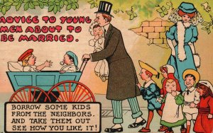 Vintage Postcard 1910's Couples With Their Kids Advice To Young Men Comic Card