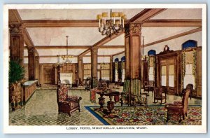 Monticello Washington WA Postcard Hotel Lobby Longview Interior c1924 Vintage