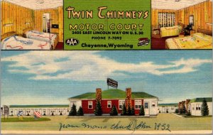 Linen Postcard Twin Chimneys Motor Court in Cheyenne, Wyoming~136468