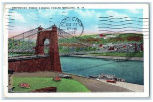 1937 Suspension Bridge Looking Toward Wheeling West Virginia Vintage Postcard