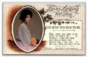 Vintage 1900's Greetings Postcard Loves Longing Woman in Thought Nice Poem
