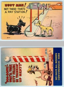 2 Postcards DOG COMICS Scottie Parking Meters ~ Puddle BARBER POLE c1940s Linens