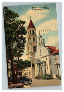 Vintage 1954 Postcard Old Cathedral St. Augustine Florida - Antique Cars