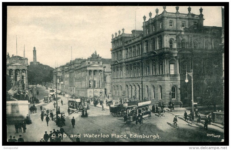 dc316 - SCOTLAND Edinburgh 1910s GPO & Waterloo Place. Trams. Wagons. Old Car. R