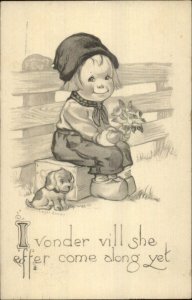 Dutch Boy on Bench w/ Flowers Dog - Unsigned Charles Twelvetress Postcard
