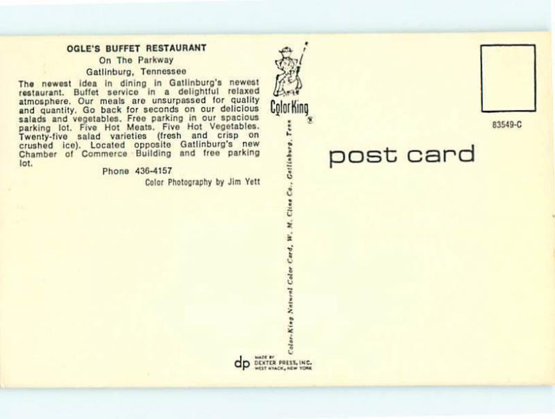 Vintage Post Card Ogles Buffet restaurant by Chamber of Commerce Gatl TN  # 4087