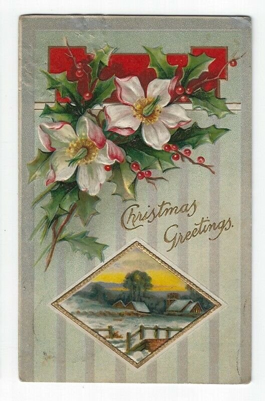 Christmas Greetings Postcard, A Winter Scene, Flowers, Holly & Berries, 1909