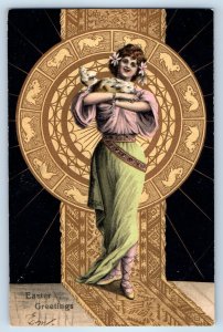 1906 Easter Greetings Woman With Bunny Rabbit And Bird Art Nouveau Postcard