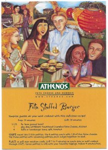Athenos Feta  Cheese and Hummus Advertising Stuffed Burger Recipe 4 by 6 Go Card