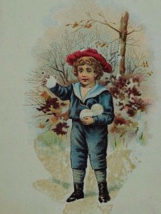 Victorian Trade Card Mica Adorable Boy Snowballs Winter Scene *W