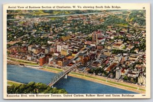 Charleston West Virginia~Business Section Air View~Bridge~River~Linen Postcard