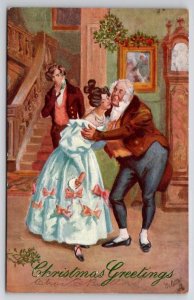 Christmas Greetings Older Man Kissing Pretty Woman Tuck Oilette Postcards I45