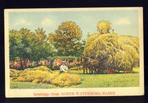 North Waterboro, Maine/ME Postcard, Greetings, Hay Wagon With Team