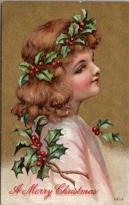 Christmas Young Girl Hollyberry Crown Shimmering Golden Postcard Z1