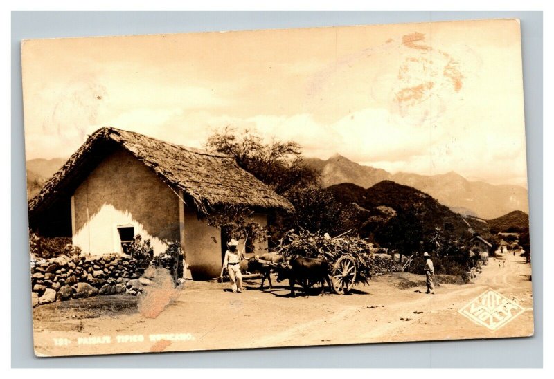 Vintage 1930's RPPC Postcard Farmers Ox Cart Adobe Hut Small Town Mexico