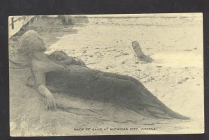 MICHIGAN CITY INDIANA SAND ART WOMAN ON BEACH VINTAGE POSTCARD