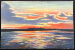 Linen Postcard Unused Sunset on the Rio Grande Extinct Volcano Peaks NM LB