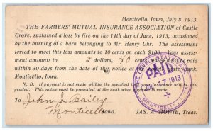 1913 Farmers Mutual Insurance Association Monticello IA Lovell Bank Postal Card