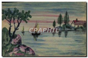 Old Postcard Fancy (drawing hand) Landscape Boat