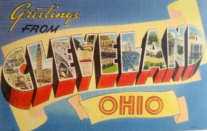 Greetings From Cleveland Ohio Large Big Letter Postcard Linen Unused Vintage