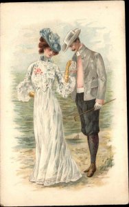 Beautiful Woman Romance Handsome Man White Dress Silk Gloves c1900 Postcard