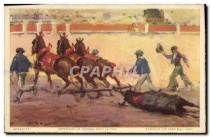 Old Postcard Bullfight Bullfight Arrastre causing the dead bull outside