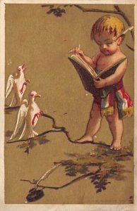 Approx. Size: 2.5 x 3.75 Little boy reading a book with Doves  Late 1800's Tr...