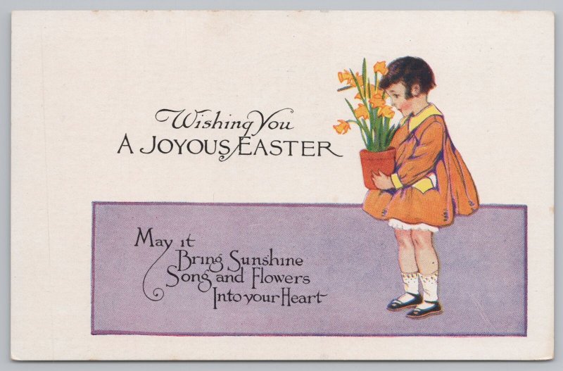 Wishing You A Joyous Easter~Girl In Orange Dress Carrying Orange Tulips~Vtg PC 