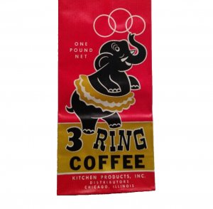 3 Ring Circus Black Elephant In Tutu UNUSED Coffee Bag Vintage Carnival 1950's