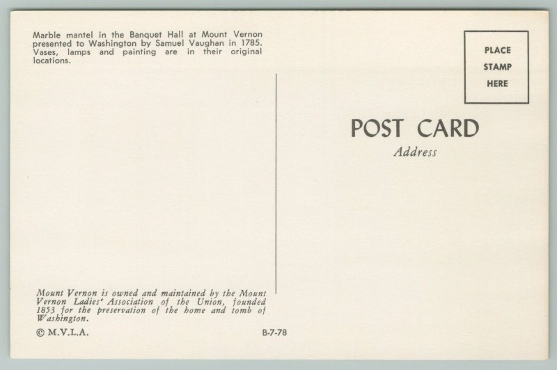 Mount Vernon Virginia~Banquet Hall Marble Mantle~Standard Chrome Postcard