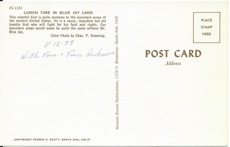 US. California.  Blue Jay land.  unused - writing on back - 1979