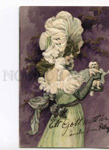 279860 ART NOUVEAU Woman FASHION Fluffy DOG vintage EMBOSSED