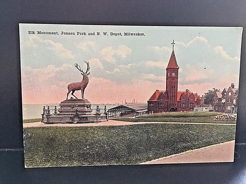 Postcard Hand Tinted Elk Monument, Juneau Park, N.W. Depot , Milwaukee, WI.  X6